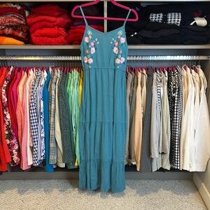 Kelly Renee blue/pink embroidery adjustable straps elastic waistband dress S